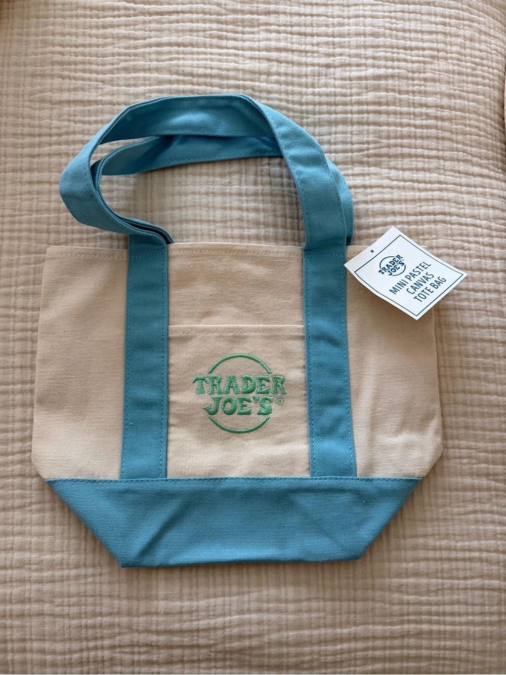 Cream and Teal Canvas Mini Tote Bag